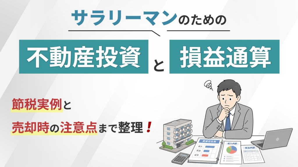 「サラリーマンのための不動産投資と損益通算」投資用マンションと資料を前に考える会社員のイラスト