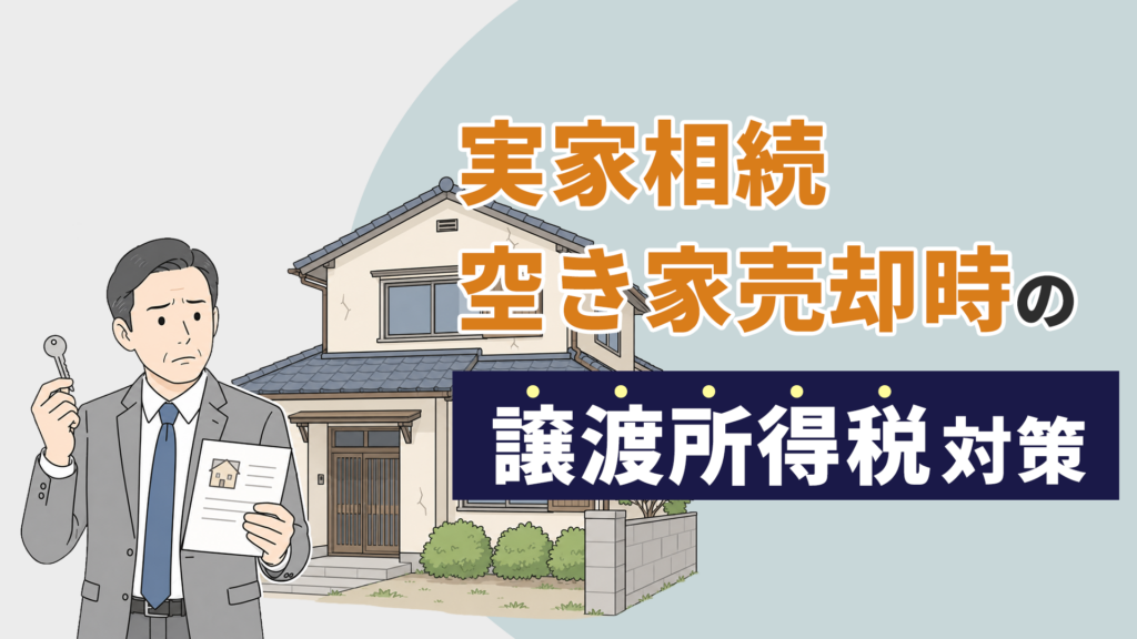 「実家相続・空き家売却時の譲渡所得税対策」実家の鍵と書類を手にした会社員のイラスト