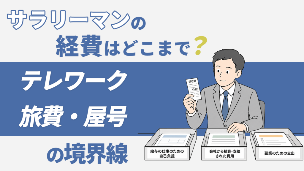 「サラリーマンの経費はどこまで？テレワーク・旅費・屋号の境界線」支出を3つのトレーへ仕分ける会社員のイラスト