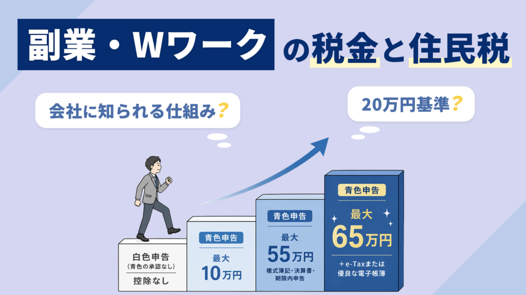 「副業・Wワークの税金と住民税」白色申告と青色申告10万・55万・65万円の控除の違いを段階で示す図解