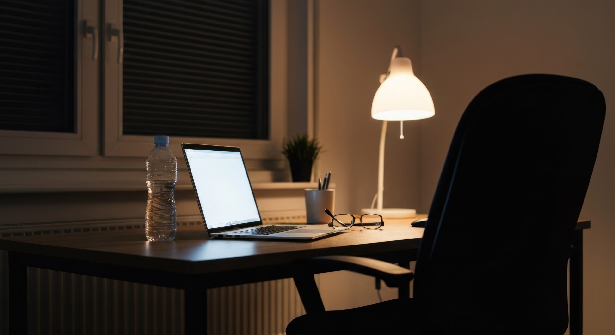 本業を終えた後、夜の自宅で副業に取り組む様子を表現する画像