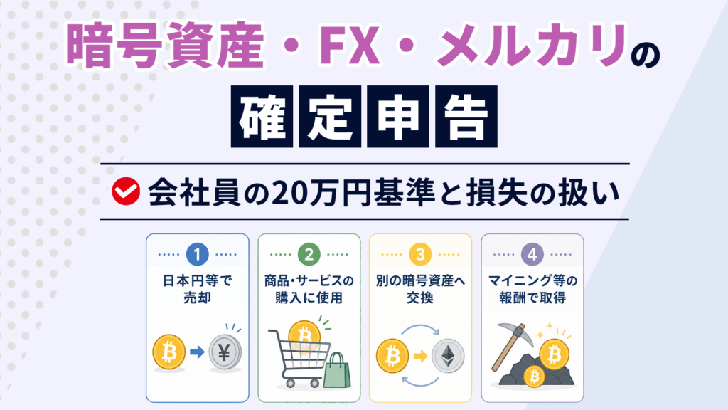 「暗号資産・FX・メルカリの確定申告」暗号資産の課税タイミング4場面(売却・購入・交換・マイニング等)の図解